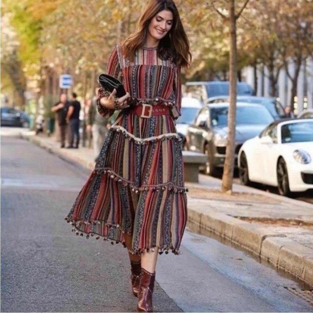ZARA Women’s Boho Striped Halle Berry Pompom Tiered Midi Dress 6895/264 small - Picture 3 of 4